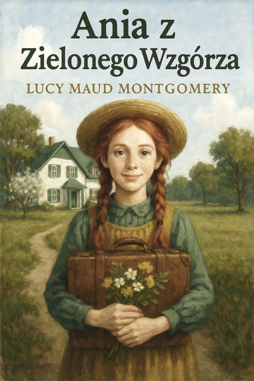 Book cover of 'Ania z Zielonego Wzgórza' by Lucy Maud Montgomery featuring a girl with a suitcase and flowers in a field.