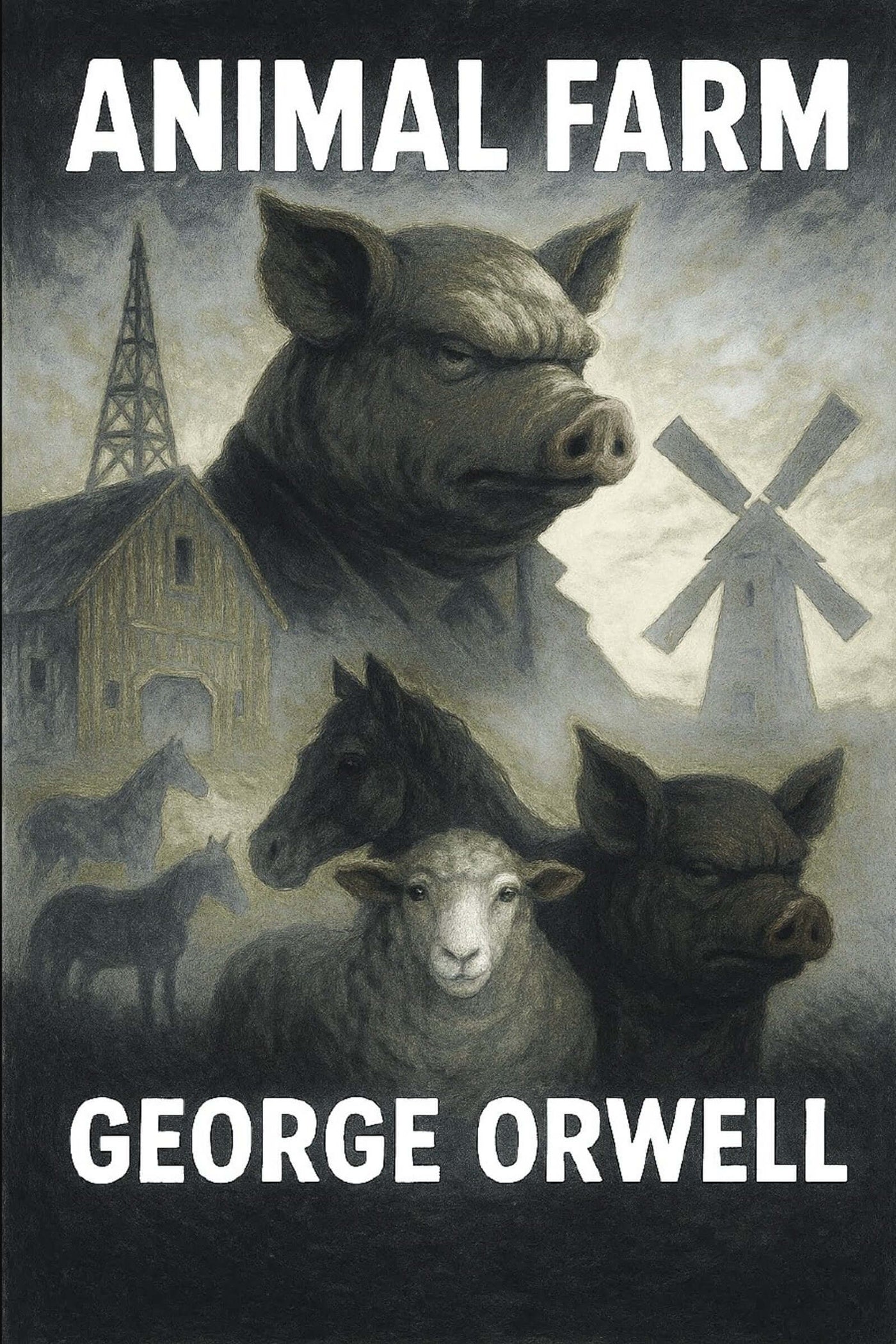 Book cover of 'Animal Farm' by George Orwell featuring pigs and a windmill.