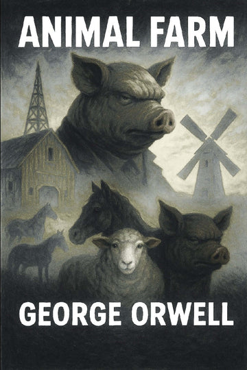 Book cover of 'Animal Farm' by George Orwell featuring pigs and a windmill.