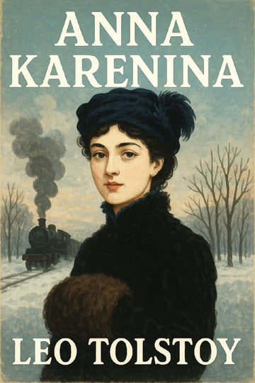 Book cover of 'Anna Karenina' by Leo Tolstoy with a woman's portrait and train in the background.