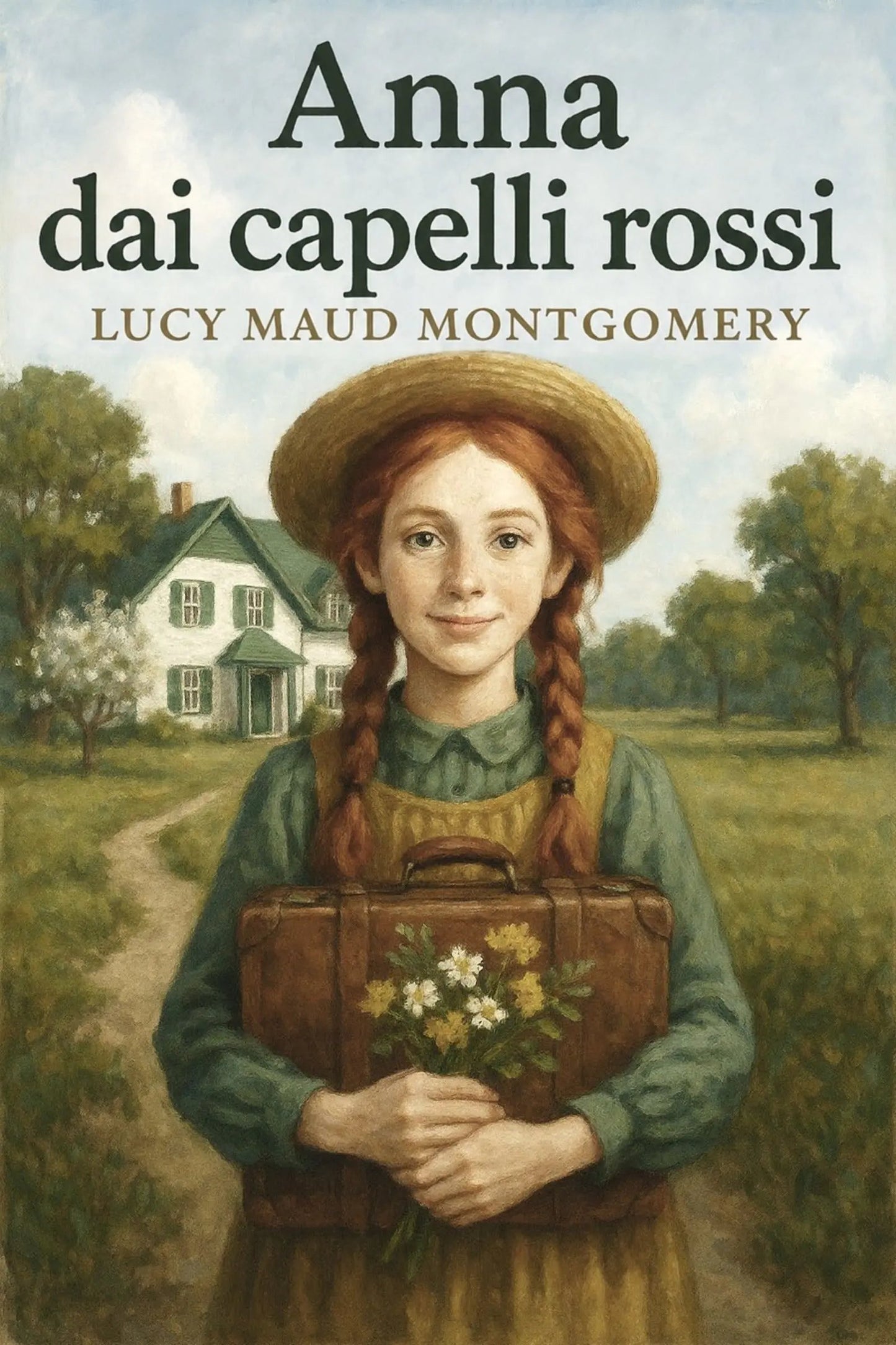 Book cover for 'Anna dai capelli rossi' by Lucy Maud Montgomery, featuring an illustration of a young girl with red braids holding a brown suitcase and flowers, standing in a grassy field with a house in the background.