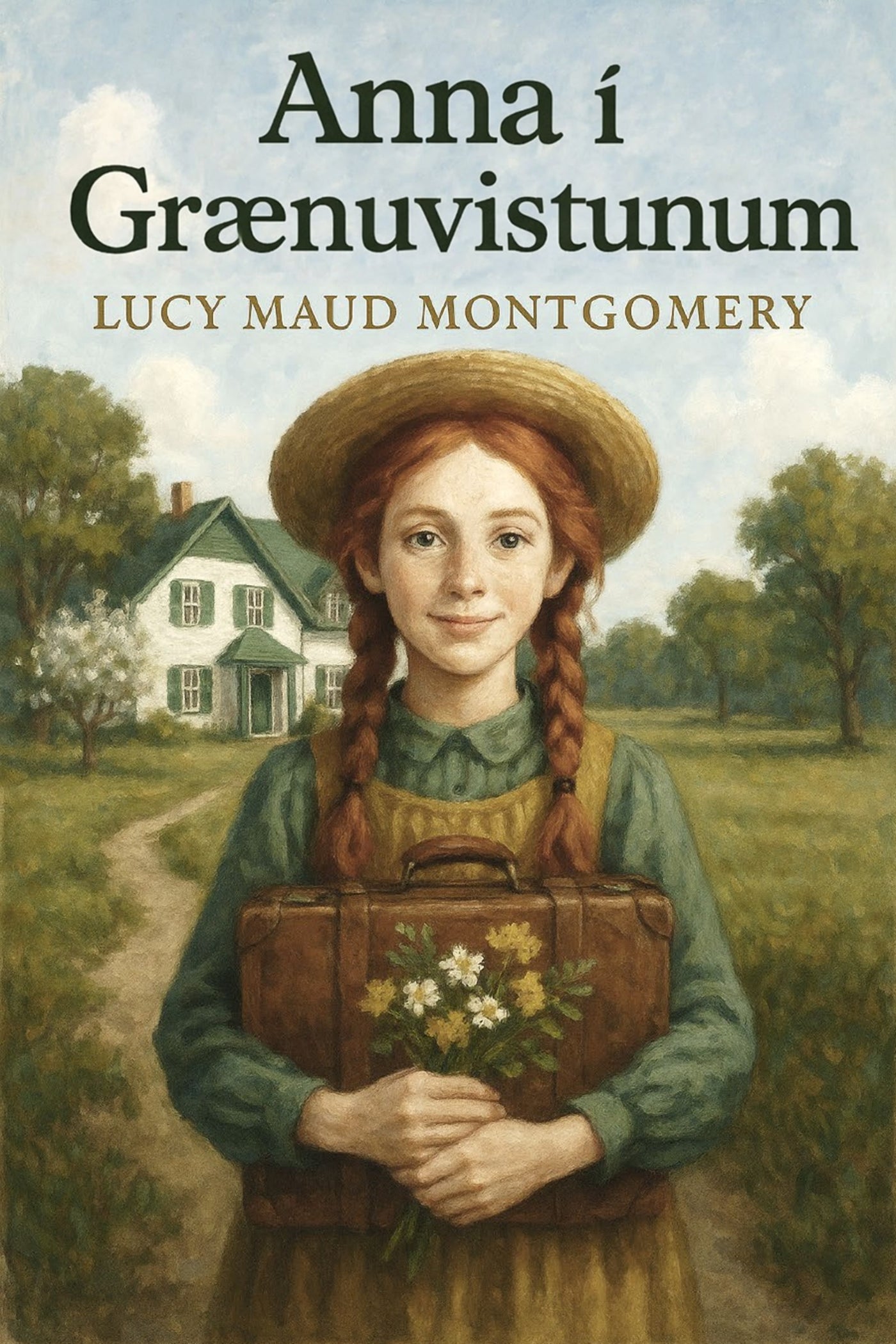 Book cover of 'Anna í Grænuvistunum' by Lucy Maud Montgomery featuring a girl with a suitcase and flowers in a field.