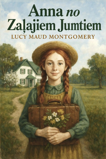 Book cover for 'Anna no Zaļajiem Jumtiem' by Lucy Maud Montgomery, featuring an illustration of a young girl with red braids holding a brown suitcase and flowers, standing in a grassy field with a white house in the background.