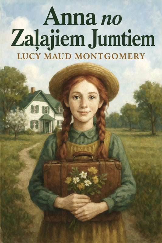 Book cover for 'Anna no Zaļajiem Jumtiem' by Lucy Maud Montgomery, featuring an illustration of a young girl with red braids holding a brown suitcase and flowers, standing in a grassy field with a white house in the background.