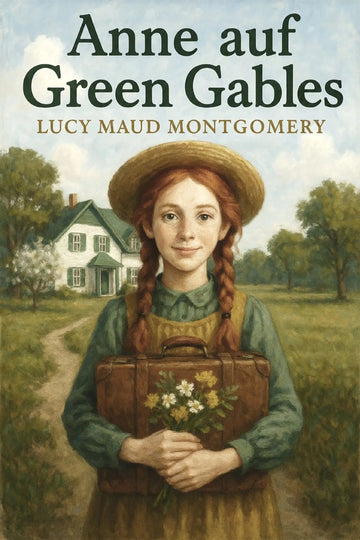 Book cover for 'Anne auf Green Gables' by Lucy Maud Montgomery, featuring an illustrated young girl with red braids holding a brown suitcase and flowers, standing in front of a white house on a grassy path.