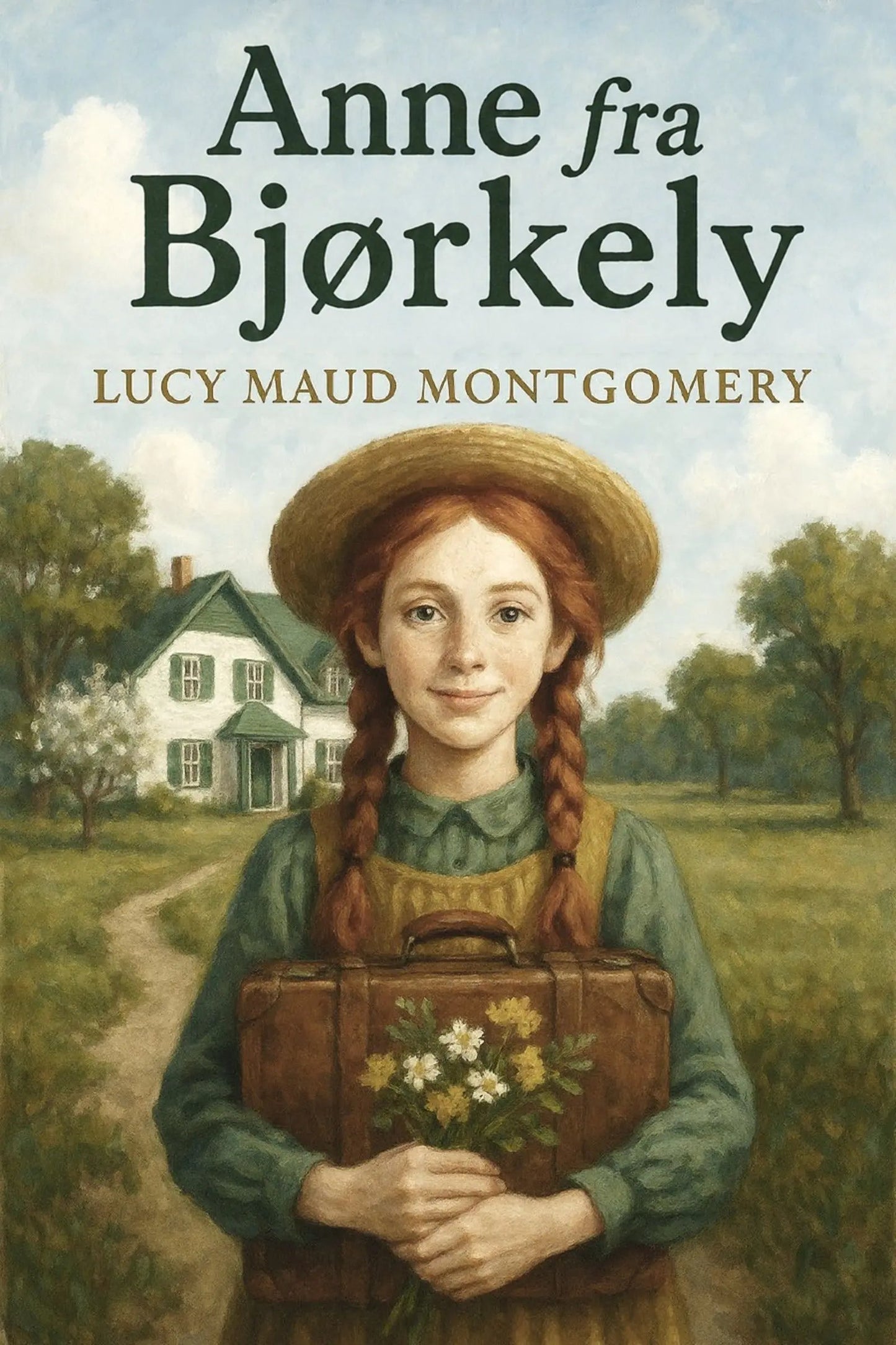 Book cover of 'Anne fra Bjørkely' by Lucy Maud Montgomery featuring a young girl with a suitcase and flowers.