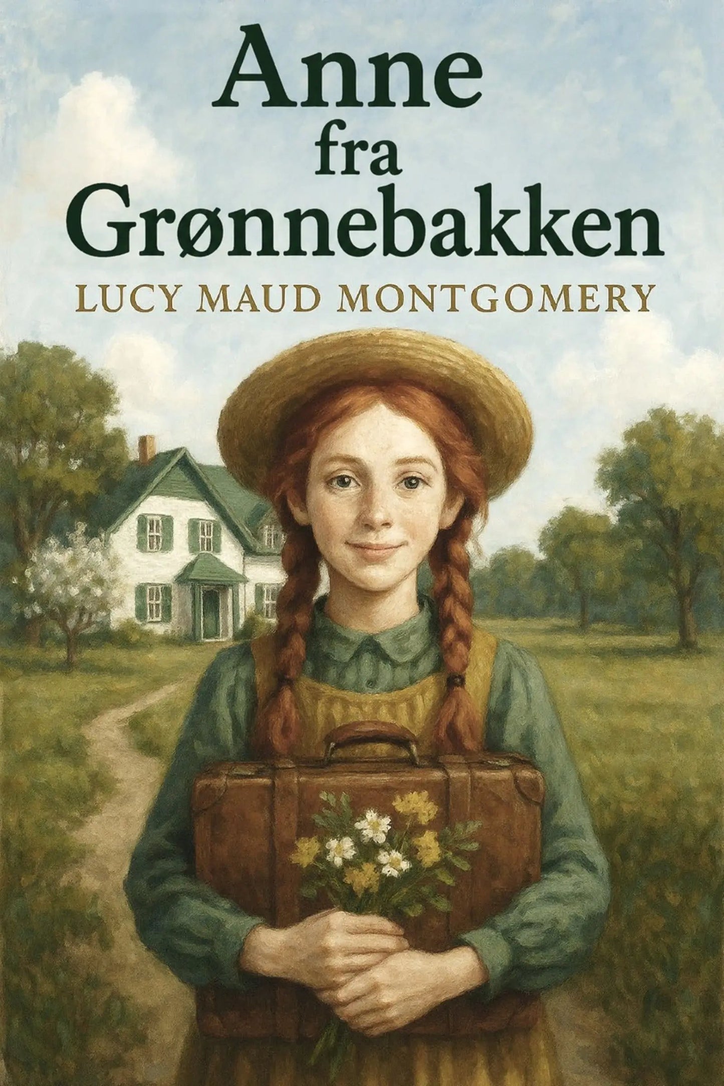 Book cover for 'Anne fra Grønnebakken' by Lucy Maud Montgomery, featuring an illustrated young girl with red braids holding a brown suitcase and flowers, standing in front of a white house and green trees.