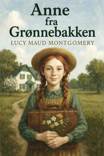 Book cover for 'Anne fra Grønnebakken' by Lucy Maud Montgomery, featuring an illustrated young girl with red braids holding a brown suitcase and flowers, standing in front of a white house and green trees.