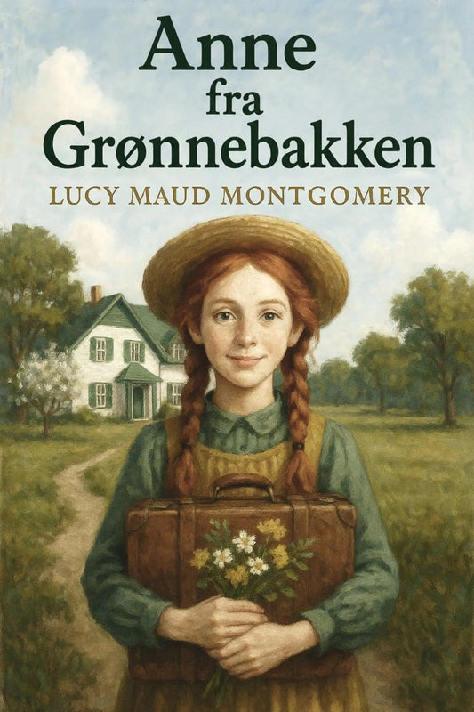 Book cover for 'Anne fra Grønnebakken' by Lucy Maud Montgomery, featuring an illustrated young girl with red braids holding a brown suitcase and flowers, standing in front of a white house and green trees.