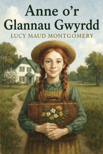 Book cover of 'Anne o’r Glannau Gwyrdd' by Lucy Maud Montgomery featuring a young girl with a suitcase and flowers.
