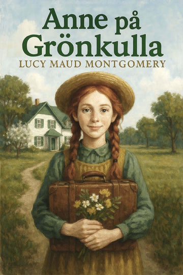 Book cover of 'Anne på Grönkulla' with a girl holding a suitcase and flowers, set against a house and trees.
