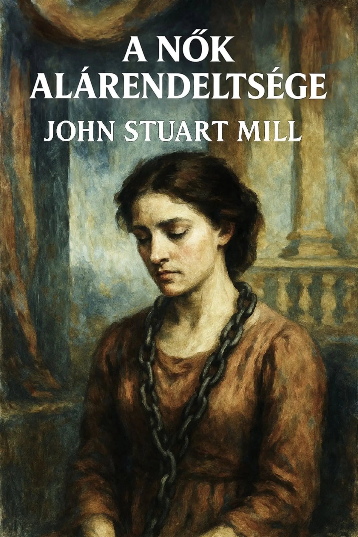 Book cover for 'A nők alárendeltsége' by John Stuart Mill, featuring a painted portrait of a woman in a brown dress with a chain around her neck against a dark interior background.