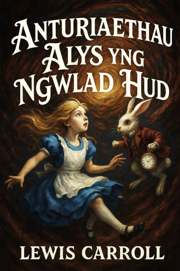 Book cover for 'Anturiaethau Alys yng Ngwlad Hud' by Lewis Carroll, featuring Alice in her blue and white dress running from the White Rabbit against a swirling dark brown background.