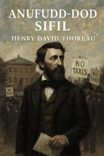 Book cover for 'Anufudd-dod sifil' by Henry David Thoreau, featuring a painted portrait of a bearded man in a dark coat holding a paper, with protest signs reading 'NO TAXES' in the background.