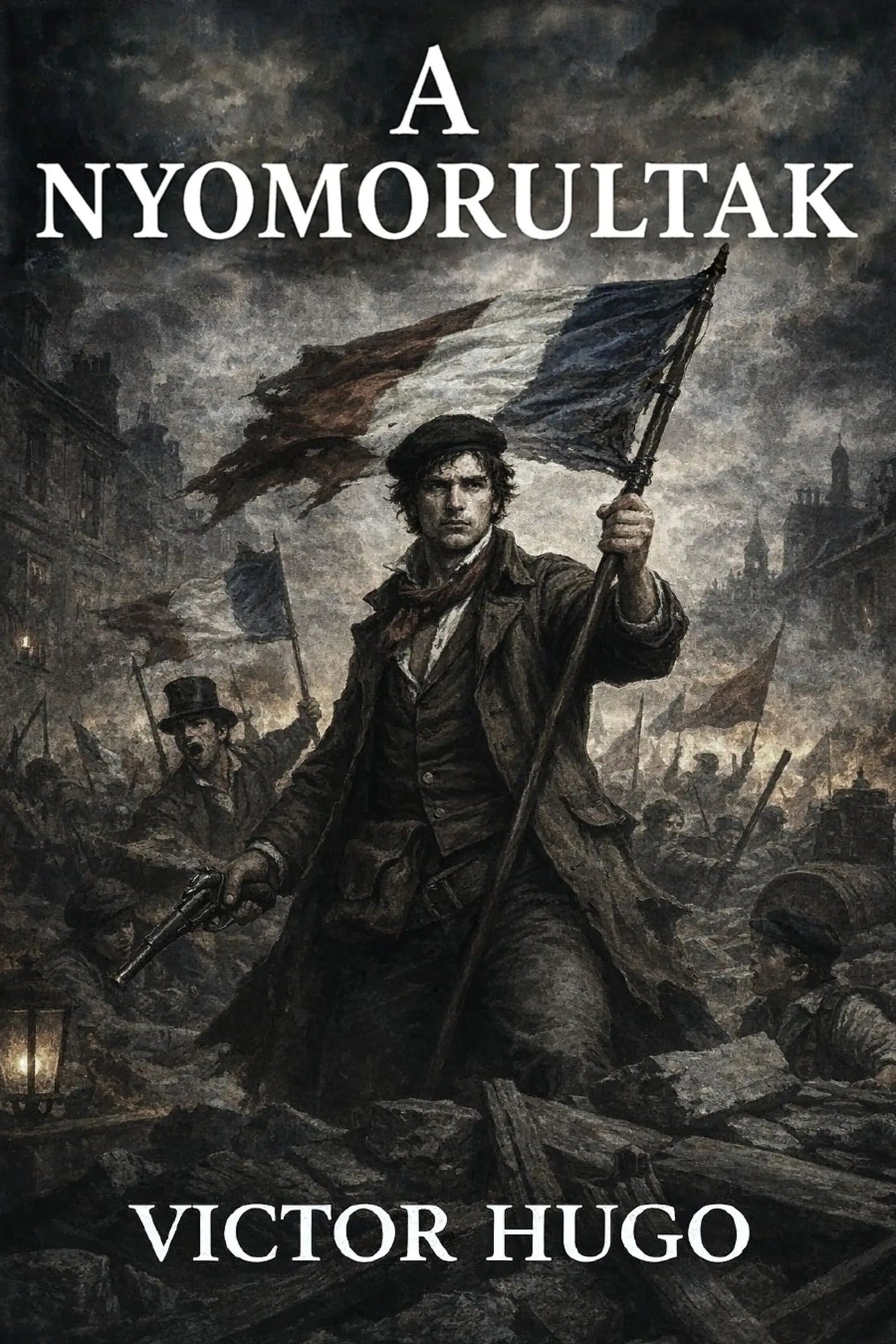 Book cover of 'A nyomorultak' by Victor Hugo featuring a person holding flags in a battle scene.