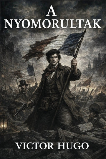Book cover of 'A nyomorultak' by Victor Hugo featuring a person holding flags in a battle scene.