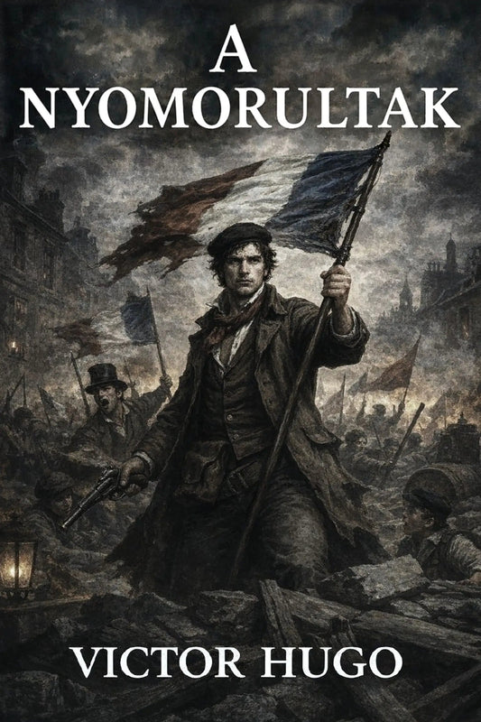 Book cover of 'A nyomorultak' by Victor Hugo featuring a person holding flags in a battle scene.