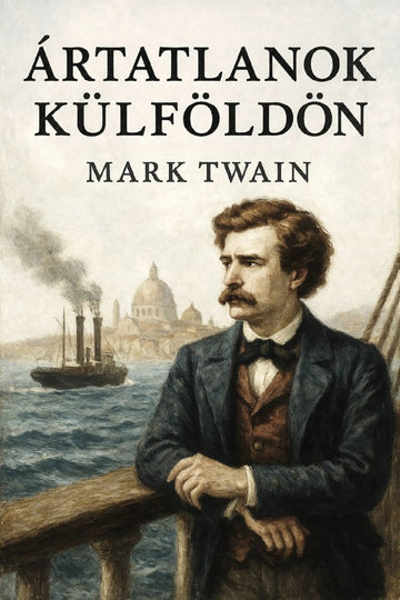 Book cover for 'Ártatlanok külföldön' by Mark Twain, featuring a painted portrait of Mark Twain in a dark suit leaning on a railing, with a ship and domed building in the background.