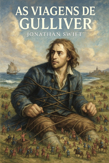 Book cover of 'As Viagens de Gulliver' by Jonathan Swift with a man sitting on a beach.