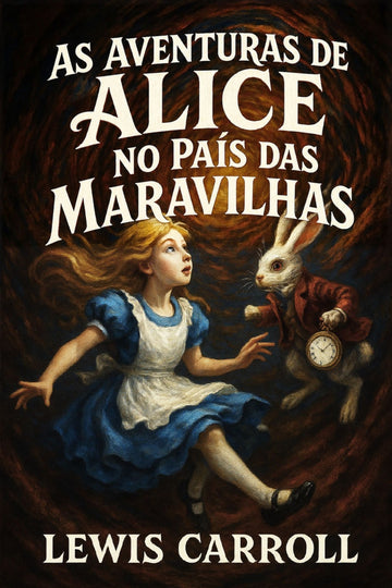 Book cover of 'As aventuras de Alice no País das Maravilhas' with Alice and the White Rabbit.