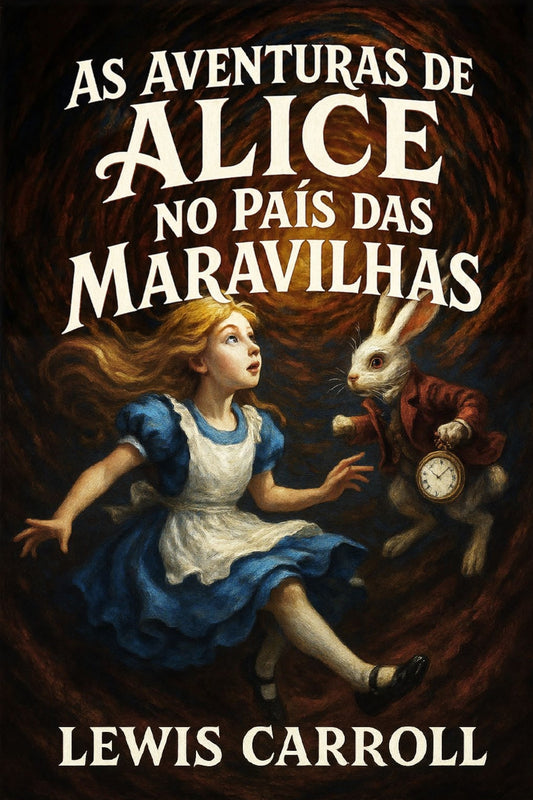 Book cover of 'As aventuras de Alice no País das Maravilhas' with Alice and the White Rabbit.