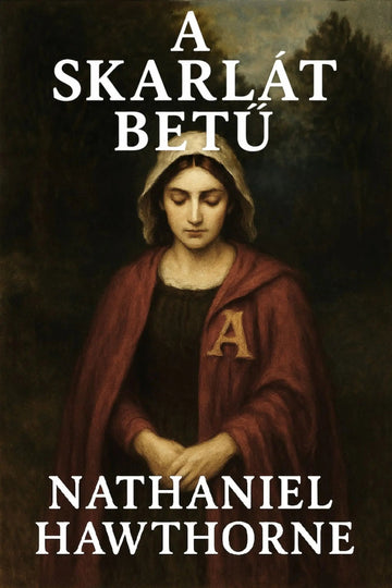 Book cover for 'A skarlát betű' by Nathaniel Hawthorne, featuring a classical painting of a woman in a red cloak with a gold letter 'A' on the chest, set against a dark background.