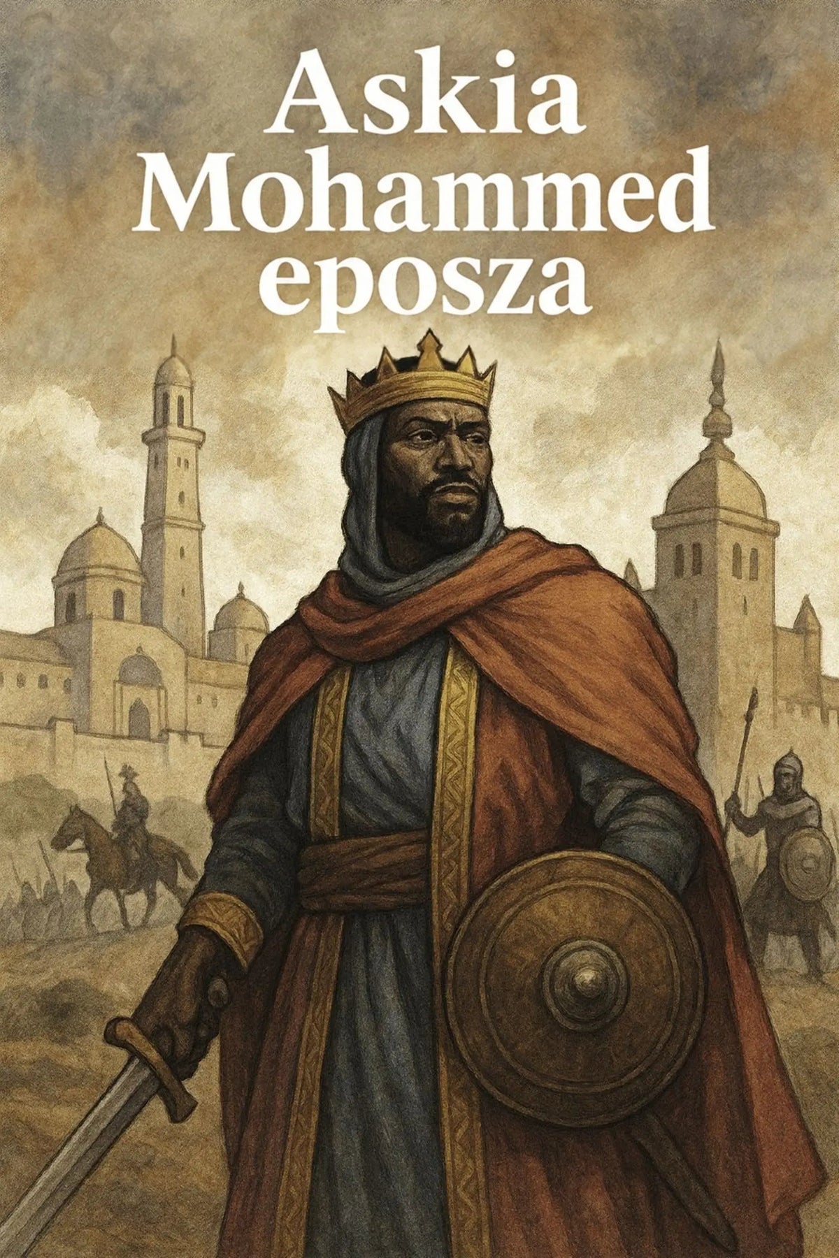 Book cover for 'Askia Muhammed eposa' with a painted scene of a crowned warrior in a red cloak holding a sword and shield, with domed city towers in the background.