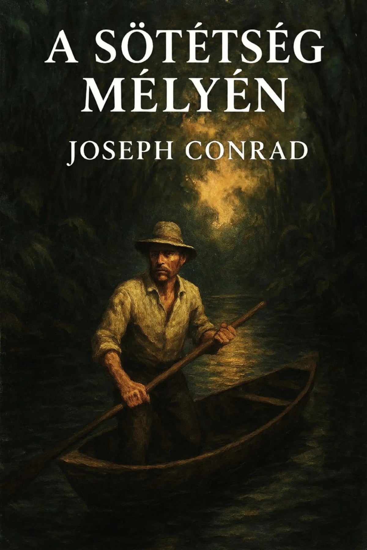 Book cover for 'A sötétség mélyén' by Joseph Conrad, featuring an illustration of a man rowing in a dark river at night under a glowing light.