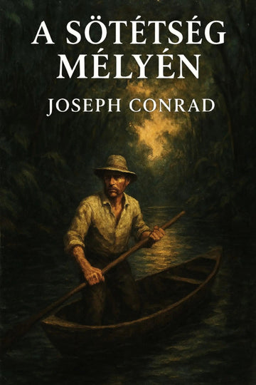 Book cover for 'A sötétség mélyén' by Joseph Conrad, featuring an illustration of a man rowing in a dark river at night under a glowing light.