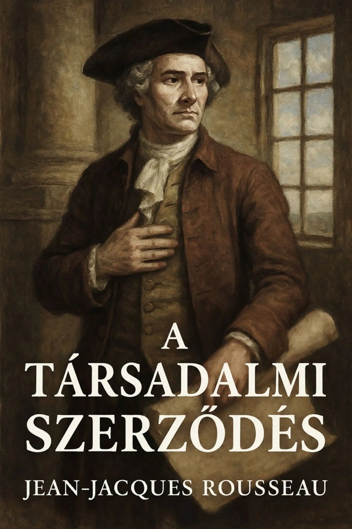 Book cover for 'A társadalmi szerződés' by Jean-Jacques Rousseau, featuring a classical painting of Rousseau in a dark tricorne and brown coat against a warm interior background with a window.