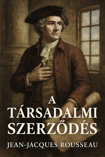 Book cover for 'A társadalmi szerződés' by Jean-Jacques Rousseau, featuring a classical painting of Rousseau in a dark tricorne and brown coat against a warm interior background with a window.