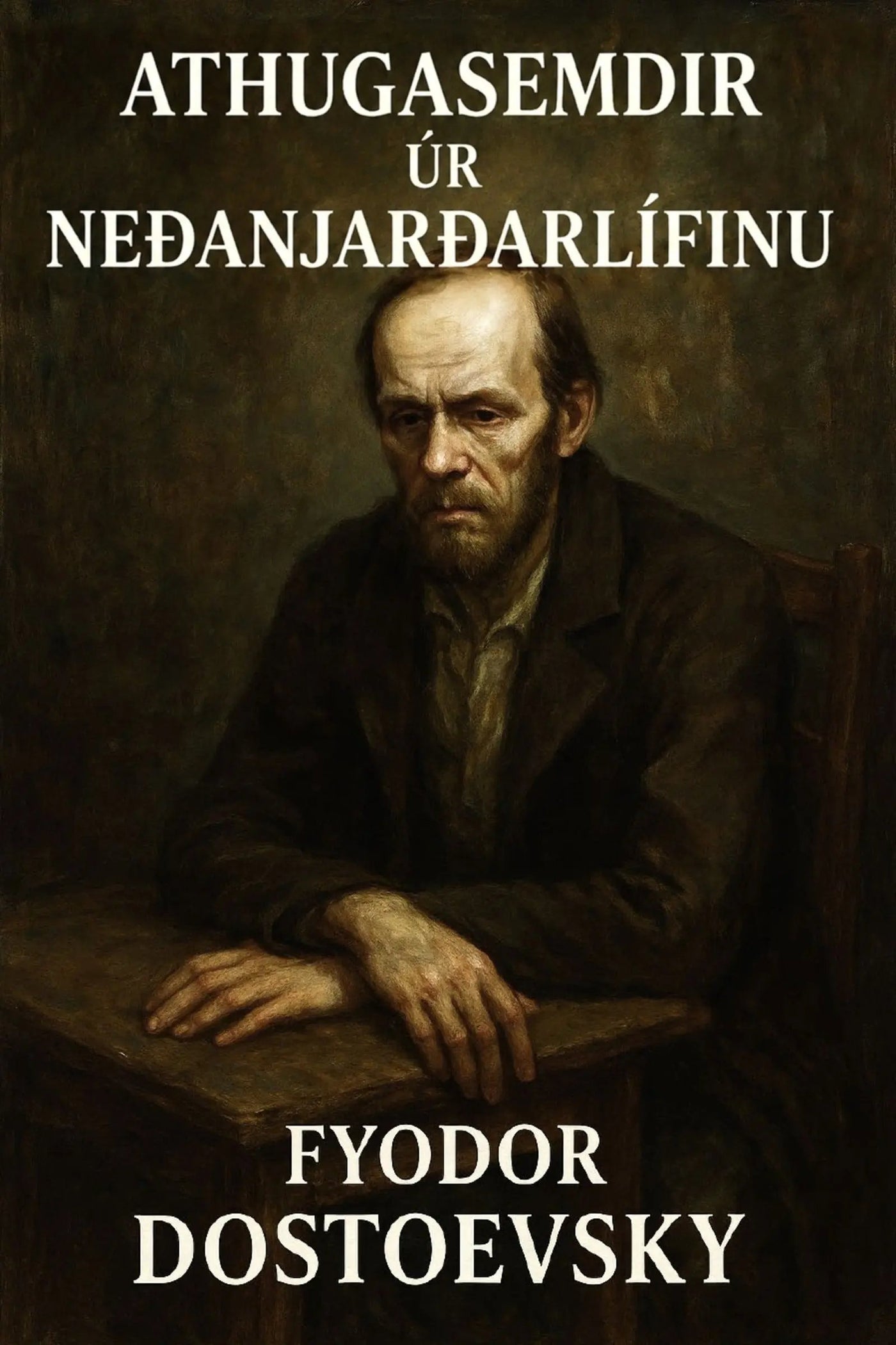 Book cover for 'Athugasemdir úr neðanjarðarlífinu' by Fyodor Dostoevsky, featuring a dark, painterly portrait of a seated man at a table with white title and author text.