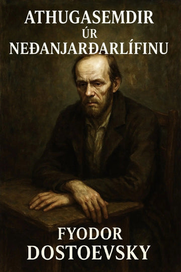 Book cover for 'Athugasemdir úr neðanjarðarlífinu' by Fyodor Dostoevsky, featuring a dark, painterly portrait of a seated man at a table with white title and author text.