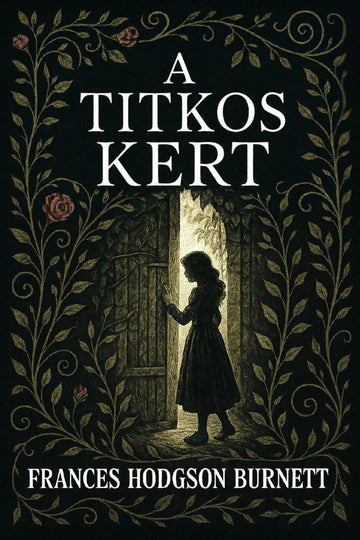 Book cover for 'A titkos kert' by Frances Hodgson Burnett, featuring a dark illustration of a young girl standing in a doorway framed by ornate foliage and roses.