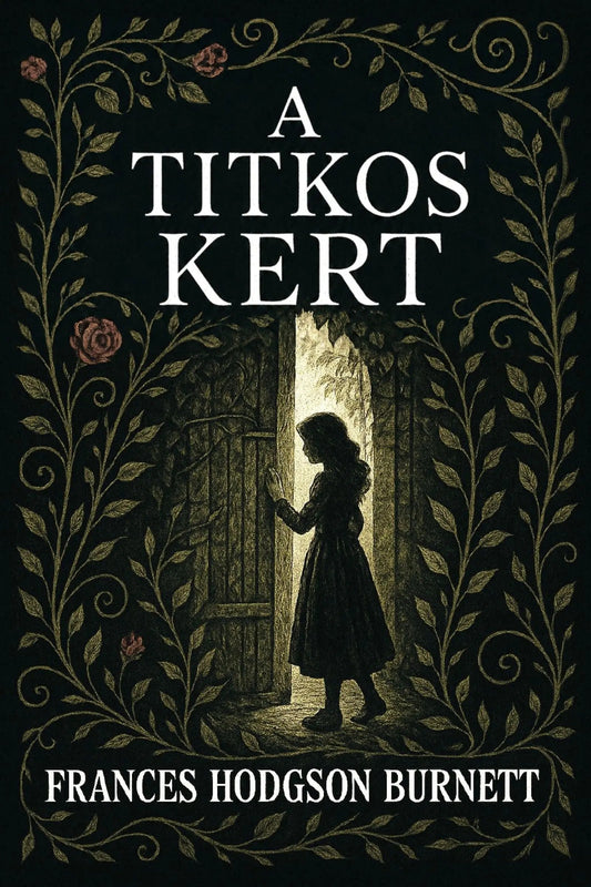 Book cover for 'A titkos kert' by Frances Hodgson Burnett, featuring a dark illustration of a young girl standing in a doorway framed by ornate foliage and roses.