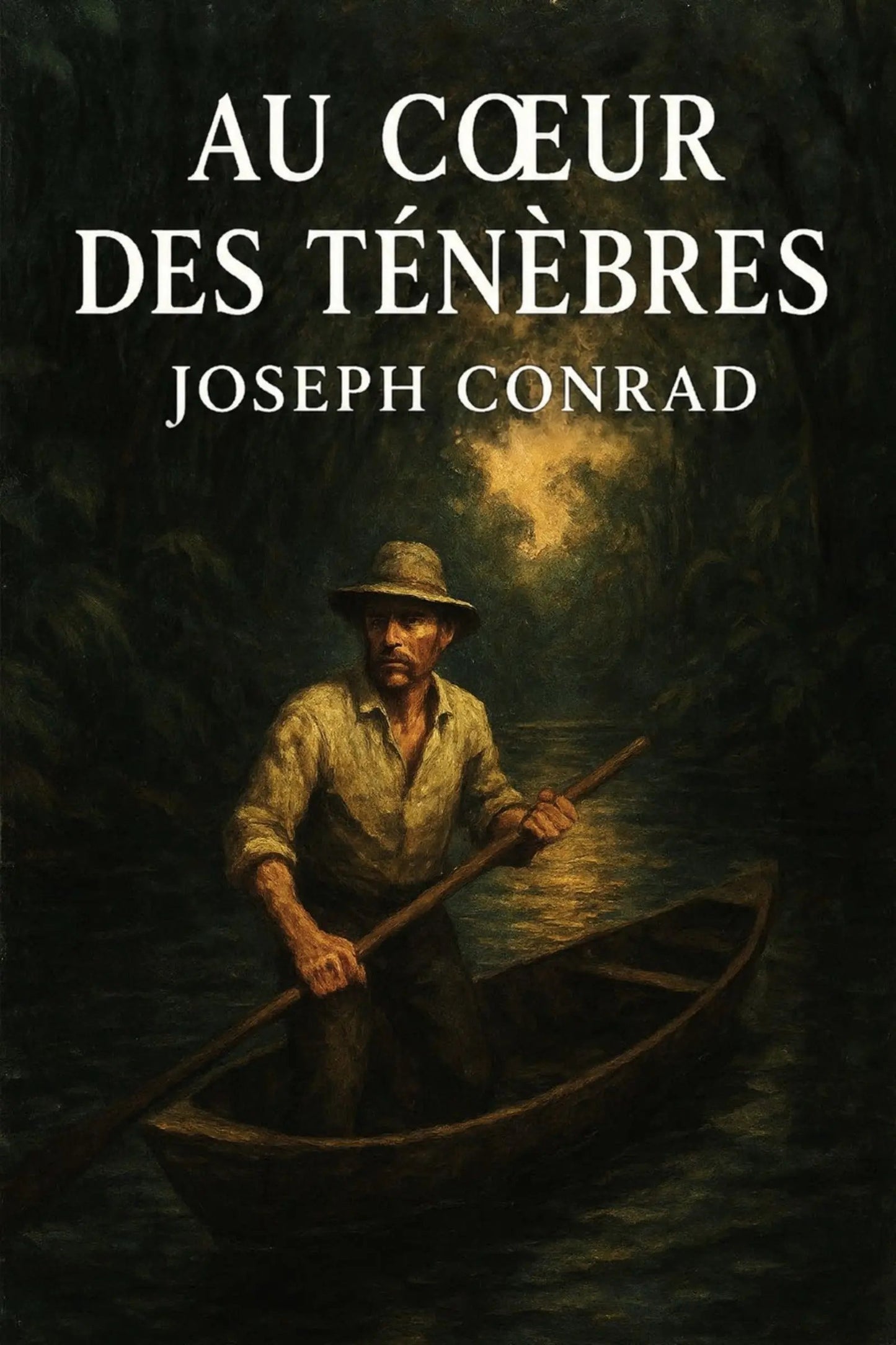 Book cover of 'Au cœur des ténèbres' by Joseph Conrad with a man in a boat on a dark background.