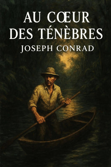 Book cover of 'Au cœur des ténèbres' by Joseph Conrad with a man in a boat on a dark background.