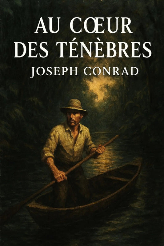 Book cover of 'Au cœur des ténèbres' by Joseph Conrad with a man in a boat on a dark background.