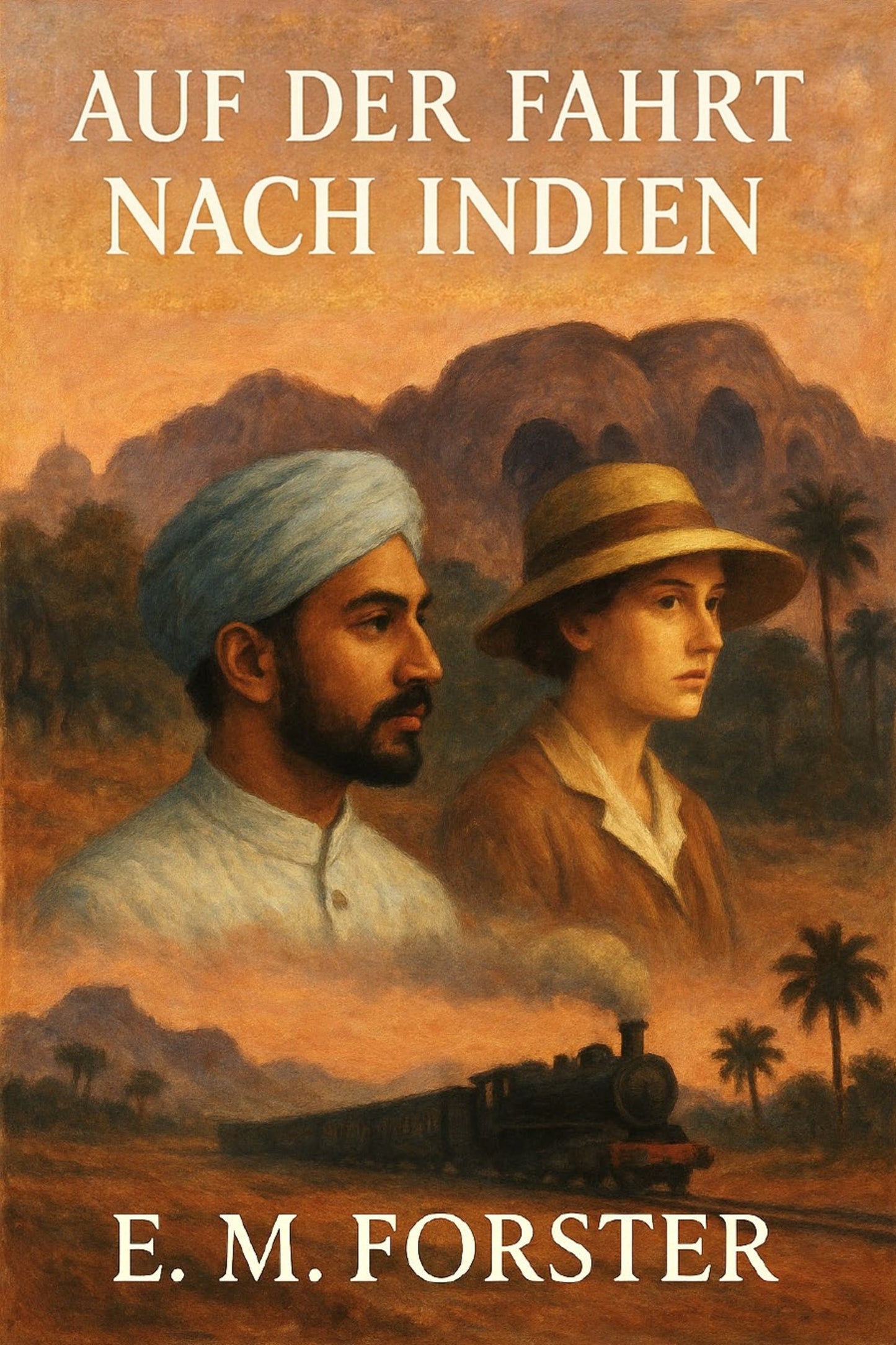 Book cover of 'Auf der Fahrt nach Indien' by E. M. Forster with two people and a train in the background.