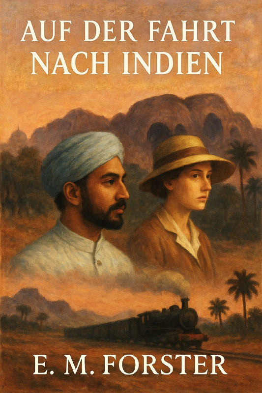 Book cover of 'Auf der Fahrt nach Indien' by E. M. Forster with two people and a train in the background.