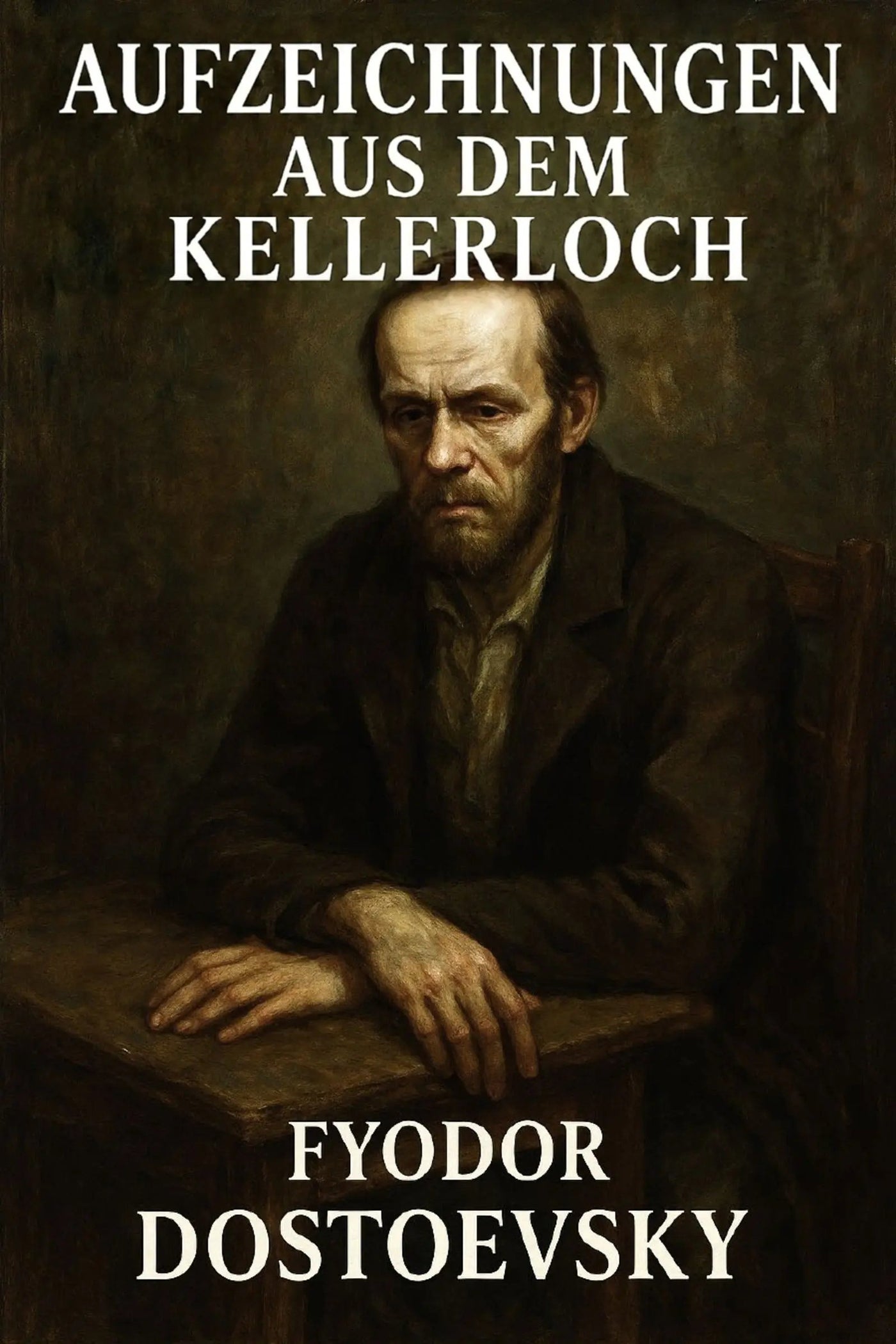 Book cover for 'Aufzeichnungen aus dem Kellerloch' by Fyodor Dostoevsky, featuring a dark, moody portrait painting of a seated man at a table with white title and author text.