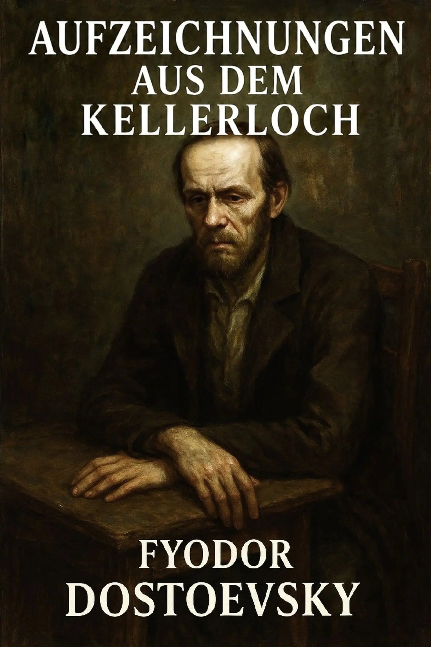 Book cover for 'Aufzeichnungen aus dem Kellerloch' by Fyodor Dostoevsky, featuring a dark, moody portrait painting of a seated man at a table with white title and author text.