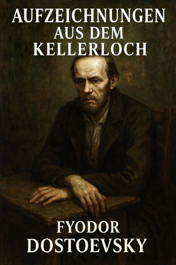 Book cover for 'Aufzeichnungen aus dem Kellerloch' by Fyodor Dostoevsky, featuring a dark, moody portrait painting of a seated man at a table with white title and author text.