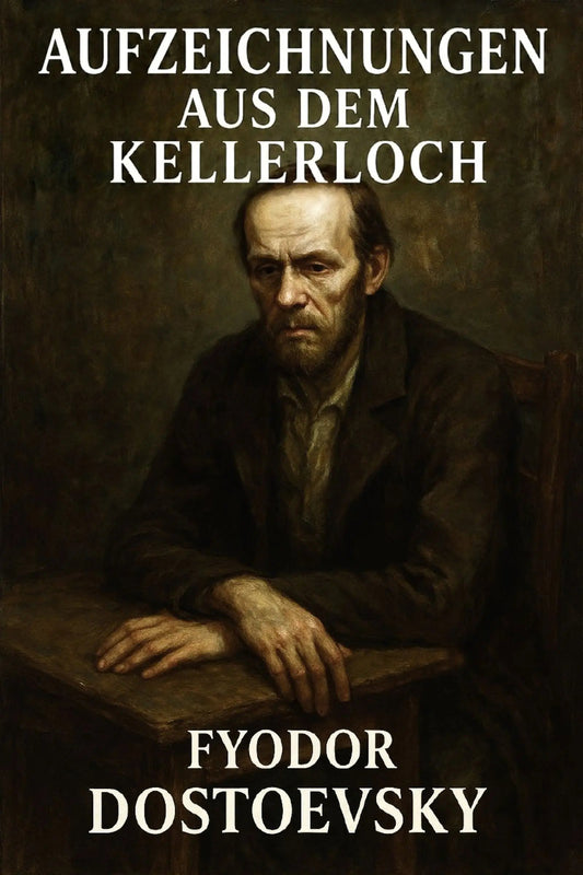 Book cover for 'Aufzeichnungen aus dem Kellerloch' by Fyodor Dostoevsky, featuring a dark, moody portrait painting of a seated man at a table with white title and author text.