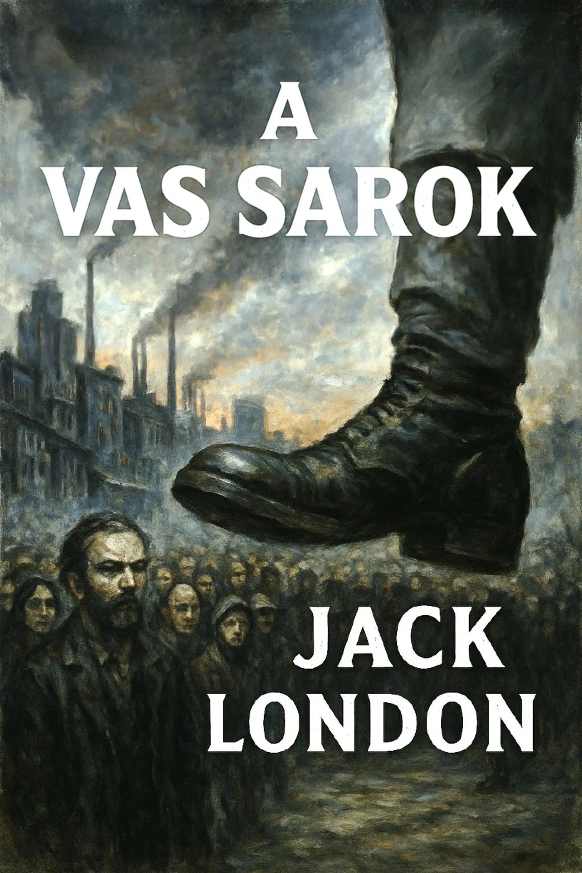 Book cover for 'A vas sarok' by Jack London, featuring a dramatic painted scene of a large boot stepping over a crowd in a smoky industrial city, with the title and author name in bold white text.