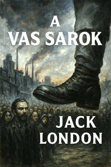 Book cover for 'A vas sarok' by Jack London, featuring a dramatic painted scene of a large boot stepping over a crowd in a smoky industrial city, with the title and author name in bold white text.