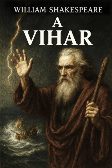 Book cover for William Shakespeare's 'A vihar' featuring a painted portrait of an elderly bearded man in a brown robe holding a staff, with stormy sea and lightning in the background.
