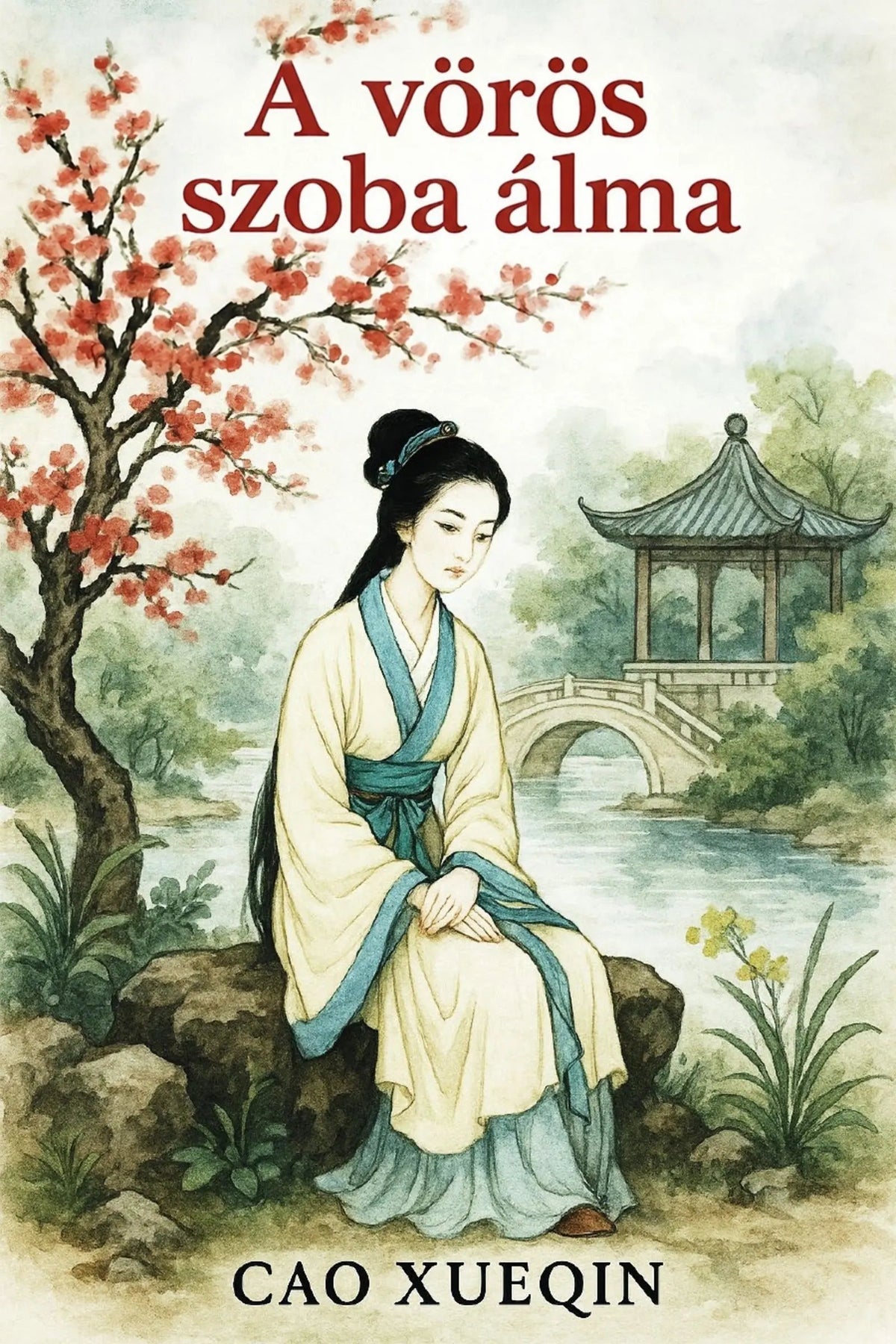 Book cover for 'A vörös szoba álma' by Cao Xueqin, featuring an illustrated seated woman in traditional pale yellow and teal robes beside a cherry blossom tree, river, stone bridge, and pavilion.