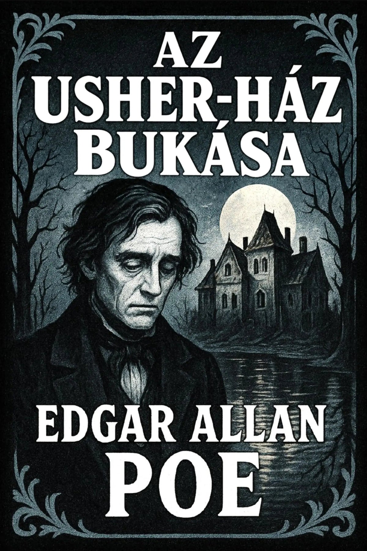 A book cover for 'Az Usher-ház bukása' by Edgar Allan Poe, featuring a dark, gothic illustration of a man's portrait, a haunted house at night under a full moon, and large white title text on a black background.