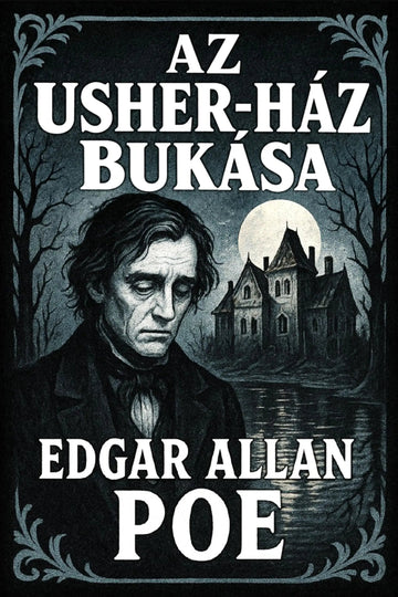 A book cover for 'Az Usher-ház bukása' by Edgar Allan Poe, featuring a dark, gothic illustration of a man's portrait, a haunted house at night under a full moon, and large white title text on a black background.